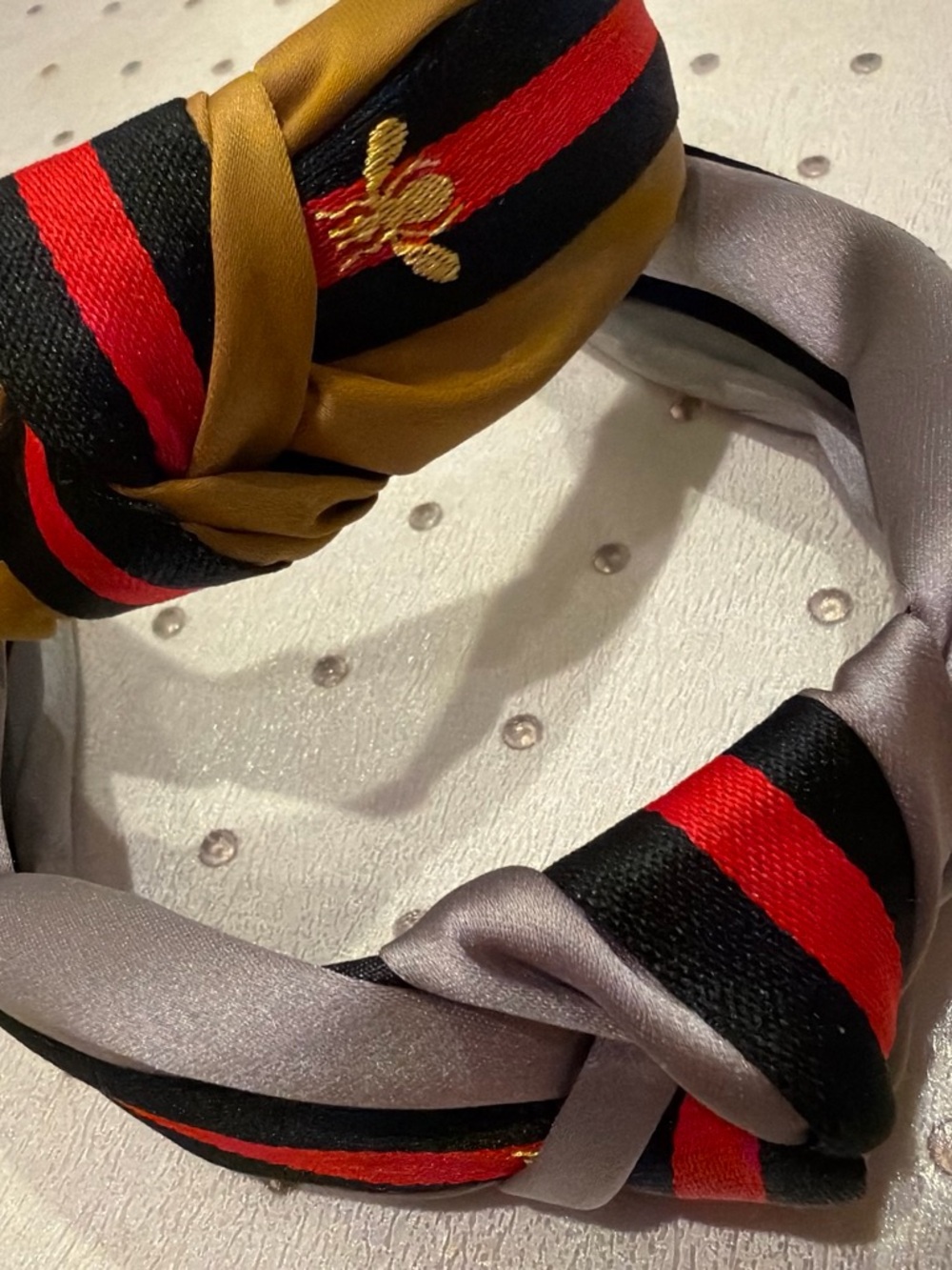Striped Knotted Headband with Gold Bee Accent - Black, Red, Mustard, Silver
